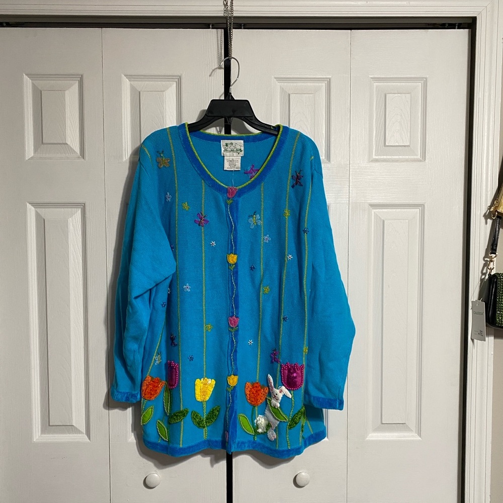 VTG Quacker Factory NWT cotton blend Bunny Floral rabbit cardigan sweater 1X